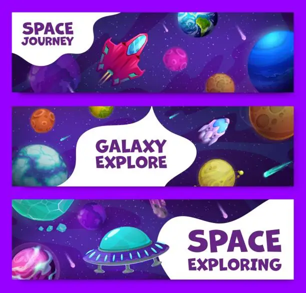 Vector illustration of Cartoon space banners with cosmic engines and ufo