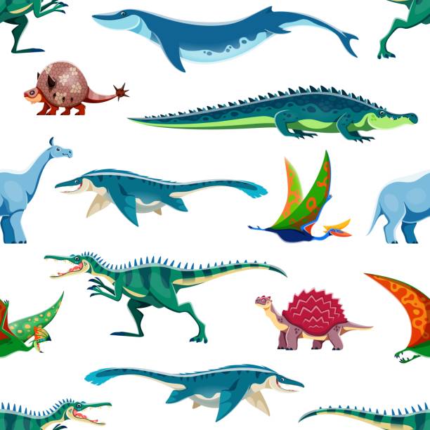 漫画の恐竜の人物のシームレスなパターン - turtle backgrounds humor vector点のイラスト素材／クリップアート素材／マンガ素材／アイコン素材