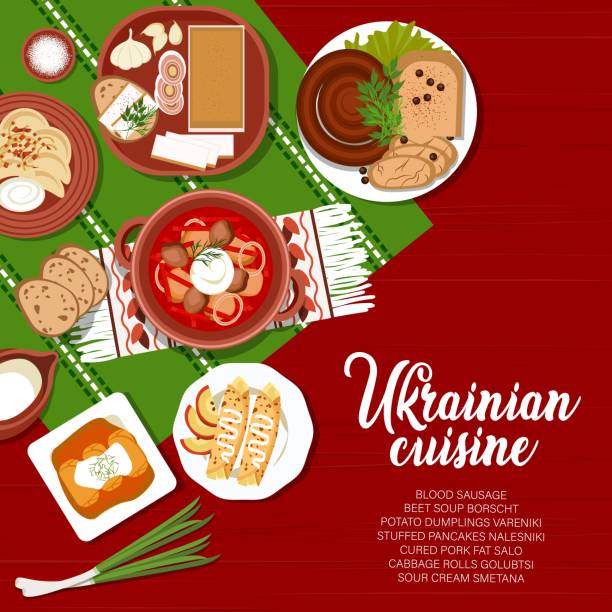 illustrazioni stock, clip art, cartoni animati e icone di tendenza di copertura del menu della cucina ucraina, verdura, cibo di carne - fatback