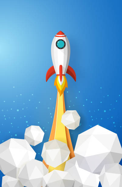 istock rockets launch into the blue sky and clouds on background. Illustration paper art and 3D concept 1472233800