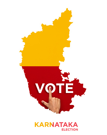 VOTE FOR KARNATAKA, male Indian Voter Hand with a voting sign or ink pointing out, Voting sign on fingertip Indian Voting on Karnataka map karnataka flag, karnataka election