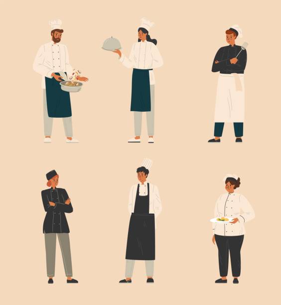Group of chefs, man and woman chef, waitress, restaurant kitchen staff. Vector set. Restaurant team concept. Cook people characters, in uniform Group of chefs, man and woman chef, waitress, restaurant kitchen staff. Vector set. Restaurant team concept. Cook people characters, in uniform. cartoon of rich man stock illustrations