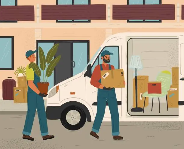 Vector illustration of Two movers man holding and carrying cardboard box and loading truck. House move and relocation service concept vector illustration. Delivery van with home stuff and furniture