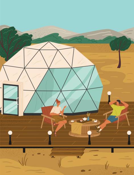 Glamping and camping in nature, vector poster with geo dome. Luxury glass and bubble house for recreation outdoors. Travel ourdoor and adventure concept Glamping and camping in nature, vector poster with geo dome. Luxury glass and bubble house for recreation outdoors. Travel ourdoor and adventure concept. geodome stock illustrations