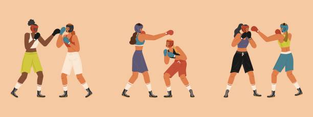 ilustrações, clipart, desenhos animados e ícones de retrato de duas personagens femininas de boxeadores profissionais ilustração vetorial isolada. mulheres atletas em luvas de boxe sparring. conceito de treino desportivo de combate - muay thai kickboxing women martial arts