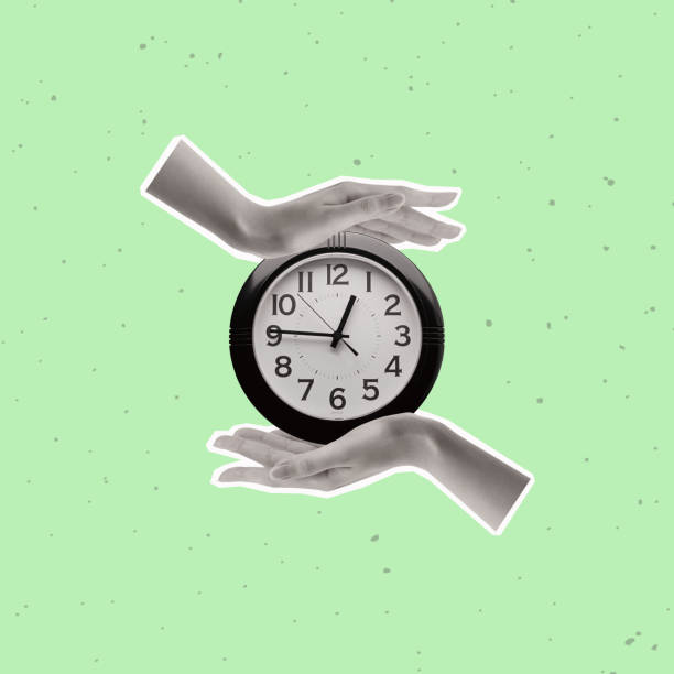 Contemporary collage of hands holding clock.
