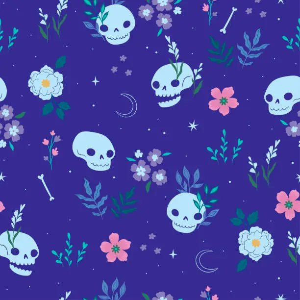 Vector illustration of Seamless pattern with skulls and flowers on a blue background. Vector graphics.
