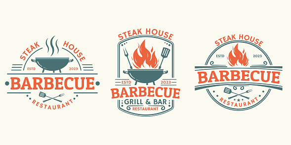 Barbeque logo set. BBQ icon or label. Grill bar, restaurant, steak house vintage badge design with fire flame, grill fork and spatula. Vector illustration.