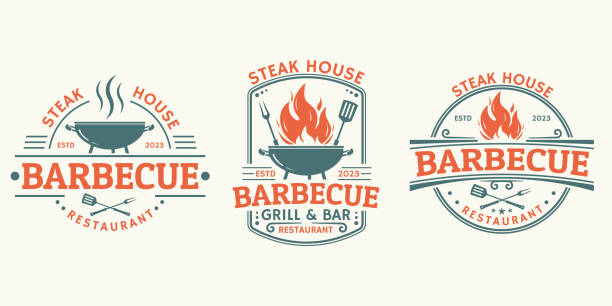 Barbeque logo set. BBQ icon or label. Grill bar, restaurant, steak house vintage badge design with fire flame, grill fork and spatula. Vector illustration. Barbeque logo set. BBQ icon or label. Grill bar, restaurant, steak house vintage badge design with fire flame, grill fork and spatula. Vector illustration. bbq logos stock illustrations