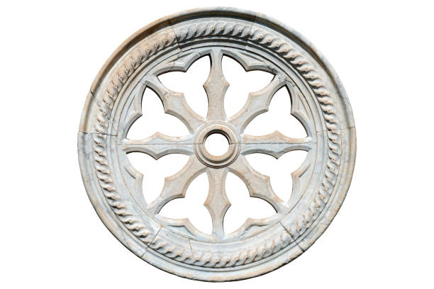 Close-up of an ancient marble rose window isolated on white background. Portovenere or Porto Venere town, UNESCO world heritage site, La Spezia, Liguria, Italy. Europe.