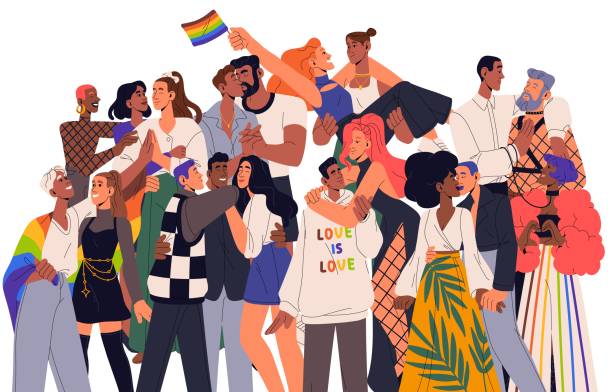 LGBT community. Homosexual couples at LGBTQ pride celebration, rainbow flag. Queer festival, love freedom, diversity, sexual revolution concept. Flat vector illustration isolated on white background LGBT community. Homosexual couples at LGBTQ pride celebration, rainbow flag. Queer festival, love freedom, diversity, sexual revolution concept. Flat vector illustration isolated on white background. gay pride people stock illustrations