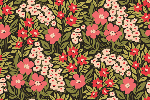 istock Seamless floral pattern with ornate summer meadow: small flowers, leaves on a green background. Vector illustration. 1472241887