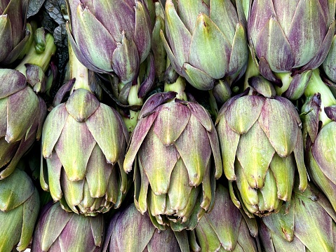 artichokes, heap or pile of fresh raw artichokes in a farmer market. fresh food concept background or surface with beautiful raw vegetables