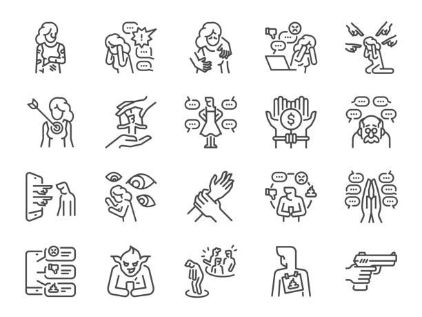 zestaw ikon cyberprzemocy. zawierał ikony takie jak zastraszanie, wykorzystywanie społeczne, nękanie, przemoc, nielegalne, prześladowanie i inne. - sex symbol illustrations stock illustrations