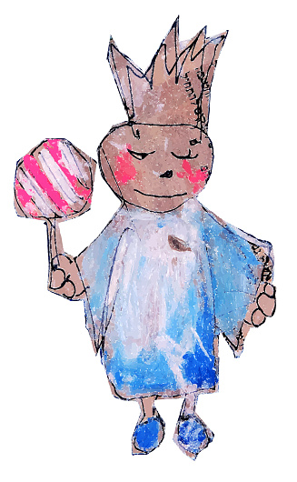 small boy with crown and hard candy on a stick. Art illustration handmade