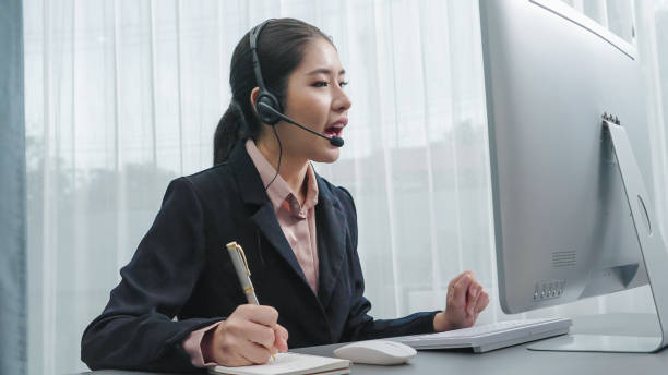 istock Enthusiastic female operator provide helpful customer service to customer. 1472242920