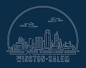 istock Winston Salem - Cityscape with white abstract line corner curve modern style on dark blue background, building skyline city vector illustration design 1472242930