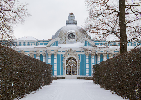Russia, Pushkin - February 19, 2023: Grotto pavilion in Catherine's park in winter