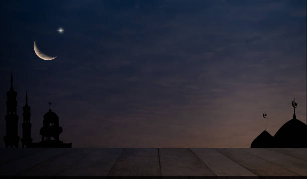 istock Islamic Background Concept,Empty Table Desk with Mosques Dome, Star,Crescent Moon Ramadan Religious symbols,Sunrise Twilight Eventing,for Arabic Muslim Holy,Eid ai-fitr,New year Muharram 1472244192