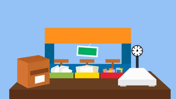 Vector illustration of shop or store with a counter, a cash register, a cash register, a box of goods and a scale.