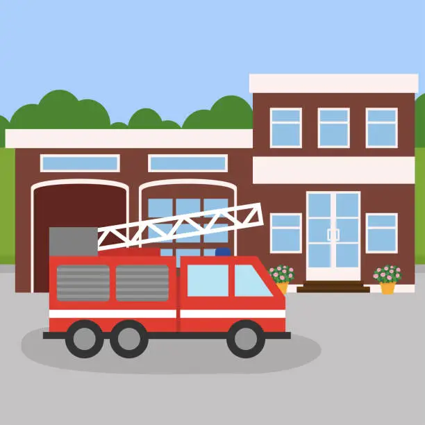 Vector illustration of Fire truck on the background of the building. Vector illustration
