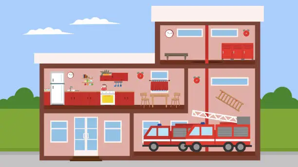 Vector illustration of fire station with firetruck and fire truck