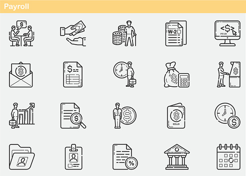 Payroll and Human resources or Salary.,Tax,Calendar,Dollar sign, Agreement, Memories , Office Accounting ,Employee Wages,Payroll Software,Individuality Icon Set, Outline, Flat Line Icons