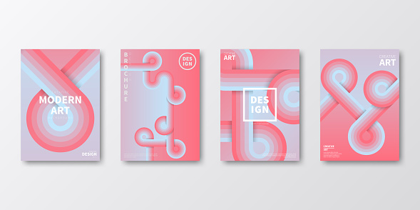 Set of four vertical brochure templates with retro and trendy backgrounds, isolated on blank background. Abstract illustrations with rounded and striped shapes in vintage style. Beautiful color gradient (colors used: Blue, Gray, Pink, Red, Orange). Can be used for different designs, such as brochure, cover design, magazine, business annual report, flyer, leaflet, presentations... Template for your own design, with space for your text. The layers are named to facilitate your customization. Vector Illustration (EPS file, well layered and grouped). Easy to edit, manipulate, resize or colorize. Vector and Jpeg file of different sizes.