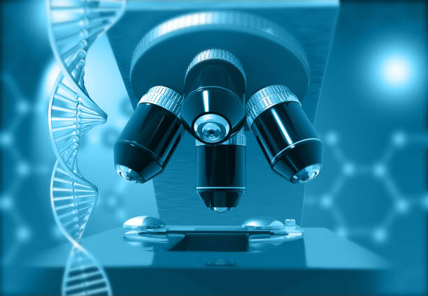 Microscope and dna strand on scientific background. 3d illustration