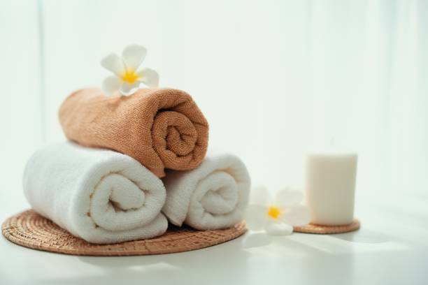 istock Spa accessory composition set in day spa hotel , beauty wellness center 1472245713