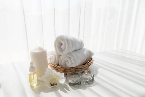 istock Spa accessory composition set in day spa hotel , beauty wellness center 1472245748