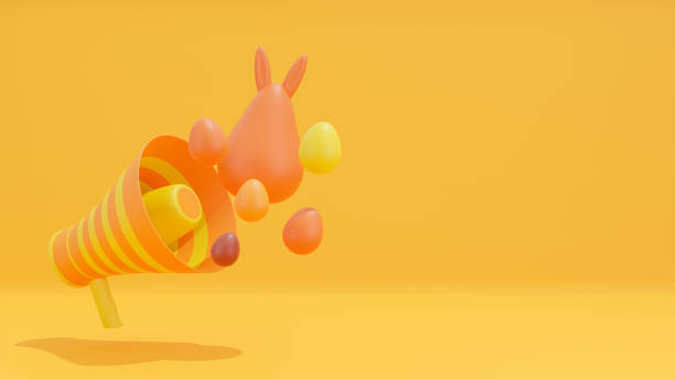 istock Easter poster and banner template, copy space of megaphone, bunny statue and easter egg hunt on yellow background. 3d rendering 1472246464