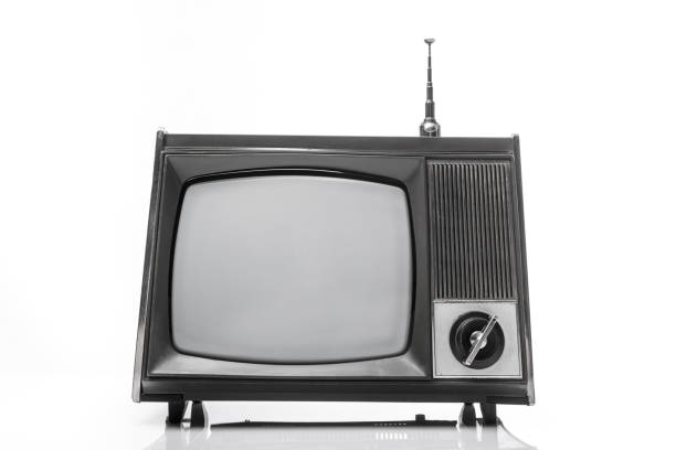 istock Retro analog portable black and white  TV set with antena 1472248042