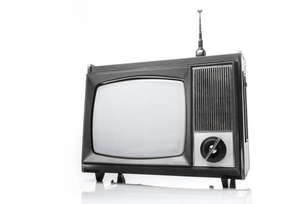 istock Retro analog portable black and white  TV set with antena. 1472248044