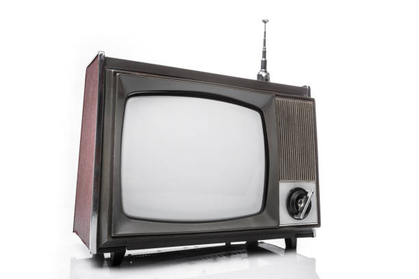 istock Retro analog portable black and white  TV set with antena. 1472248045