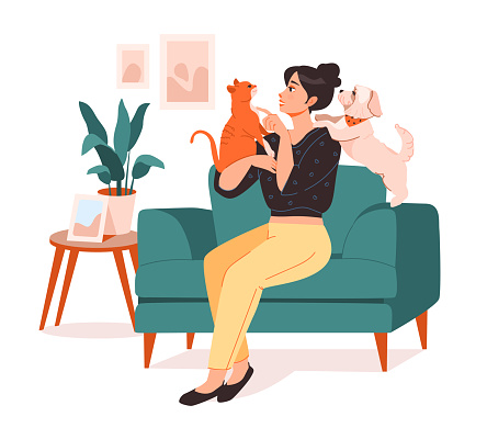Pet owner. A young woman is sitting on a chair and playing with her pets. Flat vector illustration.