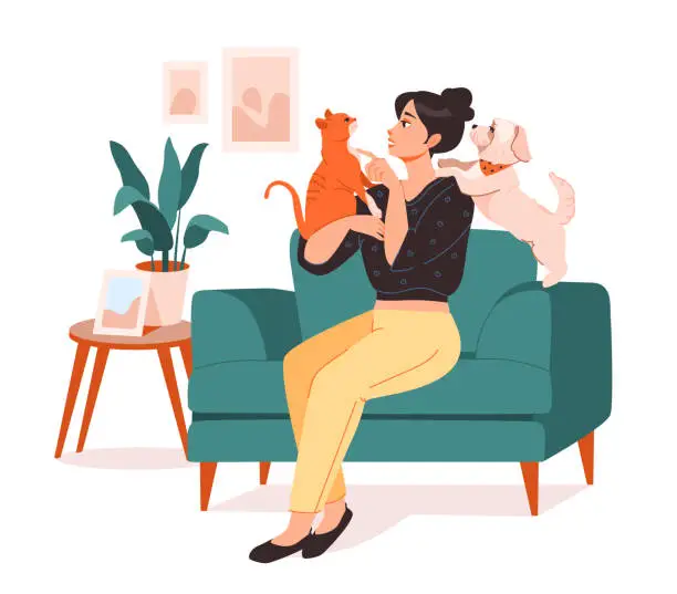 Vector illustration of Pet owner. A young woman is sitting on a chair and playing with her pets. Flat vector illustration.