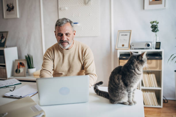 istock A pet cat in the office of an active older man 1472253364