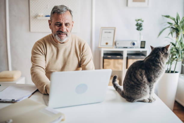 istock A pet cat in the office of an active older man 1472253370