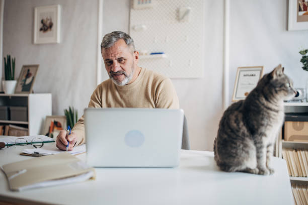 istock A pet cat in the office of an active older man 1472253581