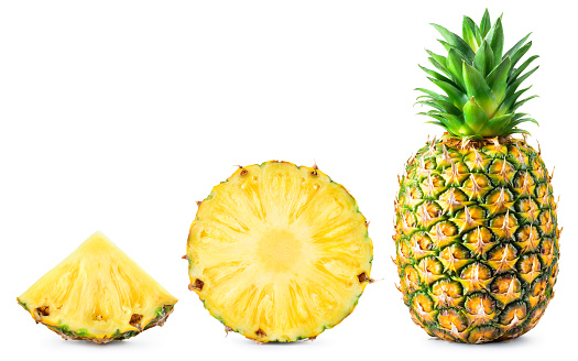 Pineapple isolated. Pineapple set on white background. Whole pineapple, round slice and triangle piece collection.