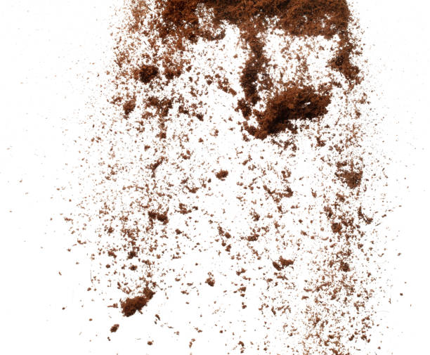 istock Coconut peel husk flying explosion, coconut chopped fine small S size fall down as dust. Coconut powder peel fertilizer splash throwing in Air. White background Isolated high speed shutter, freeze 1472256588