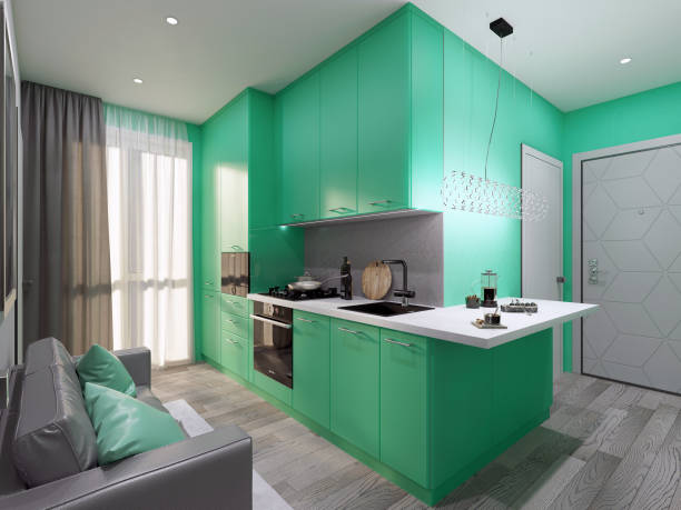 istock Neon green small narrow kitchen interior design 1472256681
