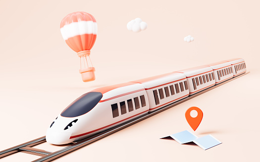 Hot balloon and cartoon high-speed train in the pink background, 3d rendering. Digital drawing.