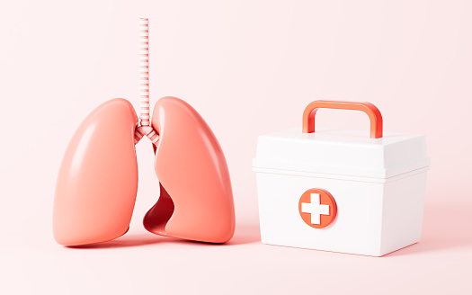 Botiquín médico y pulmones en el fondo rosa, concepto médico, renderizado 3D. photo