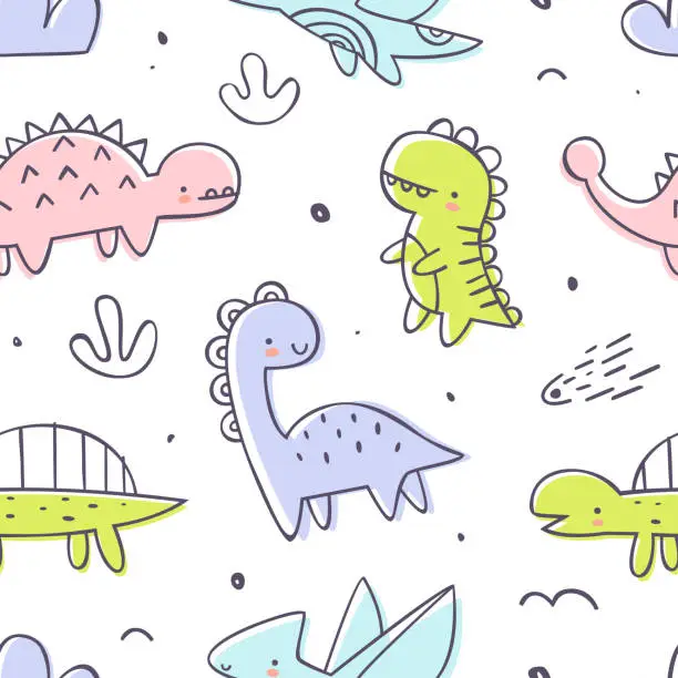 Vector illustration of Outline doodle jurassic pattern with cute dino. Seamless vector print with dinosaurs for baby textile and fabric.
