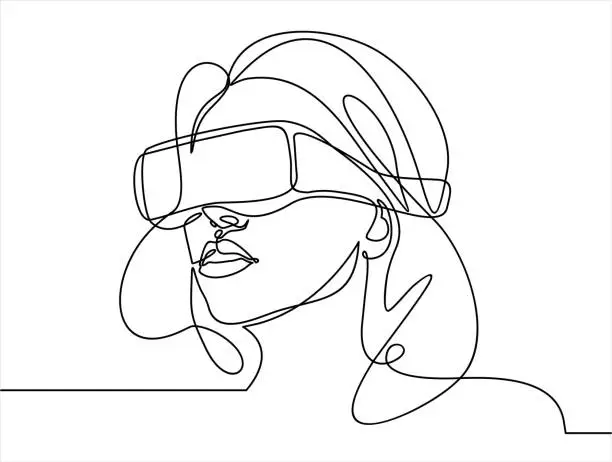 Vector illustration of Continuous one line drawing Woman in glasses device virtual reality