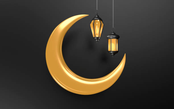 Three Dimensional Eid Mubarak greeting card design with lantern hanging in black crescent moon against blue background. Ramadan concept.