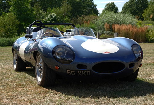 Essex, UK - July 24, 2022: A classic Jaguar D Type sports car parked on grass in a rural setting.