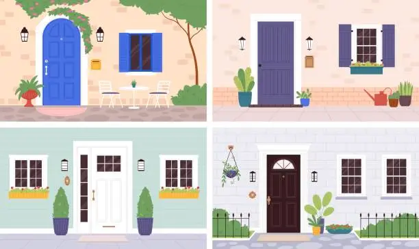 Vector illustration of House entrance exterior, wooden doors and plants. Outside wall apartment, residential elegant entry. Flat home front door and windows racy vector scenes
